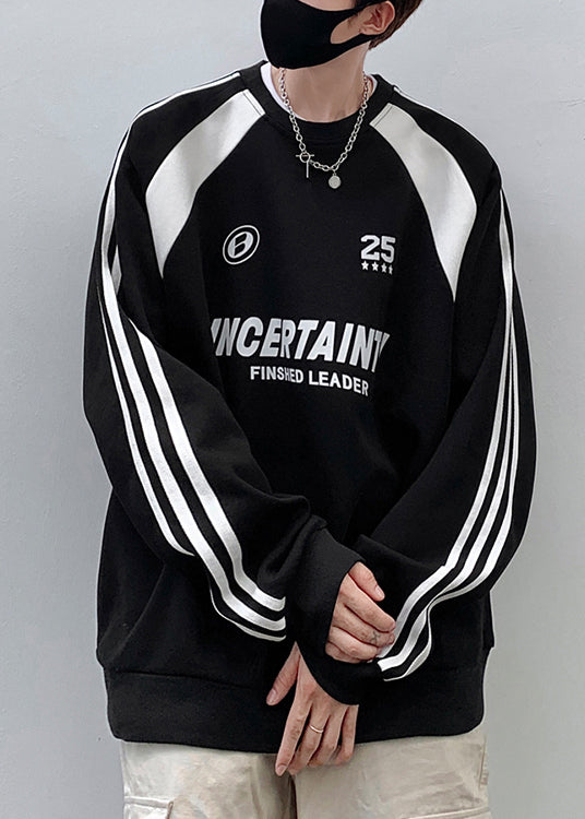 Casual Black O Neck Patchwork Cotton Mens Loose Sweatshirts Top Spring