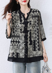 Casual Black O-Neck Print Button Shirts Fall