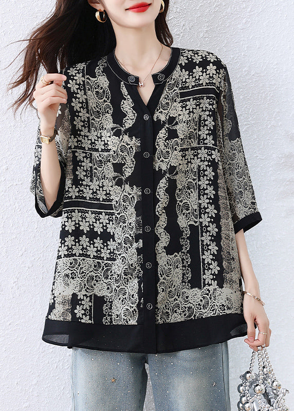 Casual Black O-Neck Print Button Shirts Fall