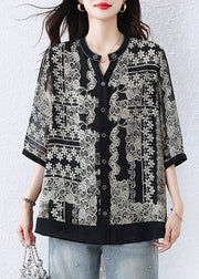 Casual Black O-Neck Print Button Shirts Fall