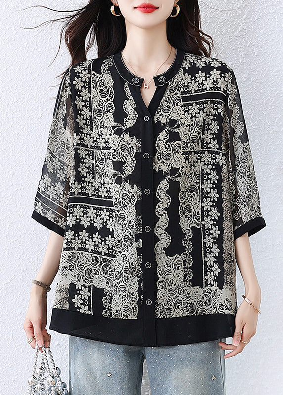 Casual Black O-Neck Print Button Shirts Fall