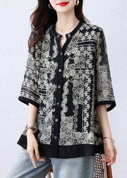 Casual Black O-Neck Print Button Shirts Fall