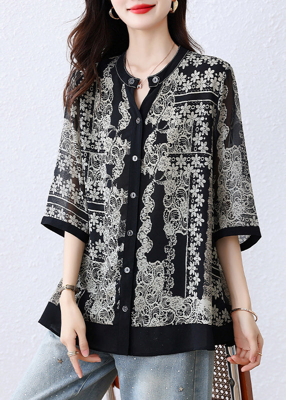 Casual Black O-Neck Print Button Shirts Fall