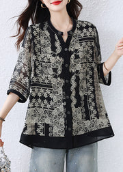 Casual Black O-Neck Print Button Shirts Fall