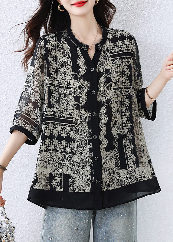 Casual Black O-Neck Print Button Shirts Fall