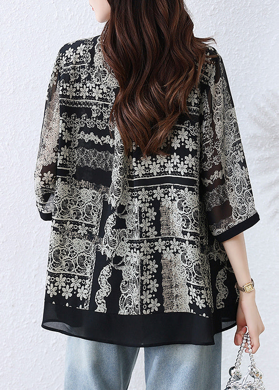 Casual Black O-Neck Print Button Shirts Fall