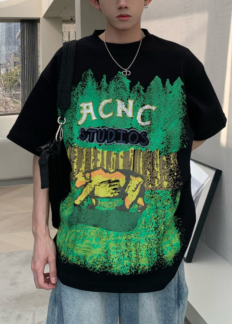 Casual Black O-Neck Print Cotton Men&