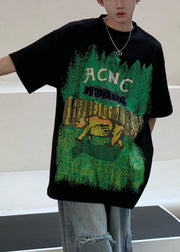 Casual Black O-Neck Print Cotton Men's T Shirts Half Sleeve