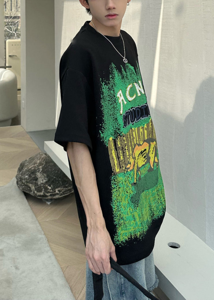 Casual Black O-Neck Print Cotton Men&