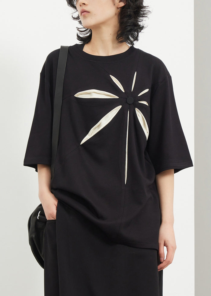 Casual Black O-Neck Print T Shirt Summer