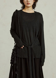Casual Black O-Neck Tie Waist Tops Fall