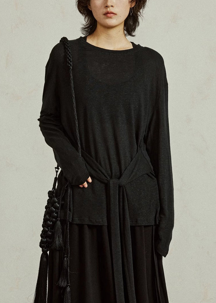Casual Black O-Neck Tie Waist Tops Fall