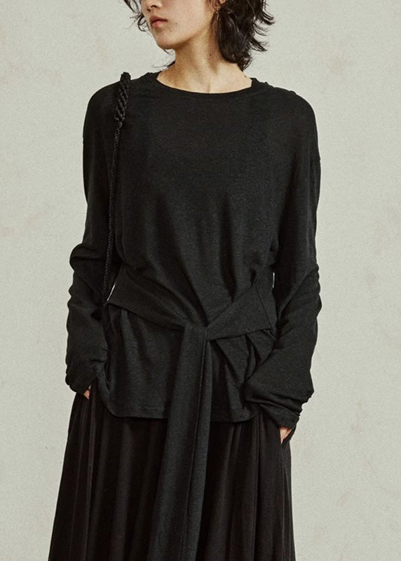 Casual Black O-Neck Tie Waist Tops Fall