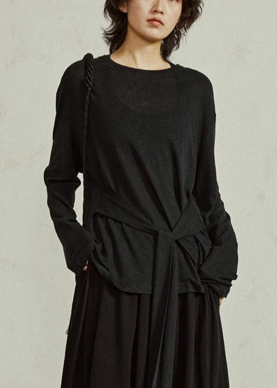 Casual Black O-Neck Tie Waist Tops Fall