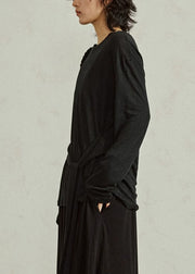 Casual Black O-Neck Tie Waist Tops Fall