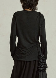 Casual Black O-Neck Tie Waist Tops Fall