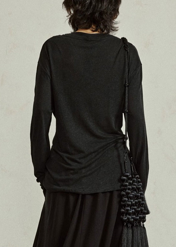 Casual Black O-Neck Tie Waist Tops Fall