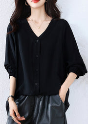 Casual Black Oversized Cotton Blouse Top Fall
