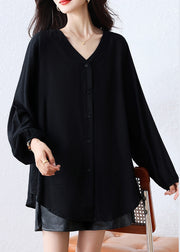 Casual Black Oversized Cotton Blouse Top Fall