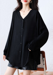 Casual Black Oversized Cotton Blouse Top Fall