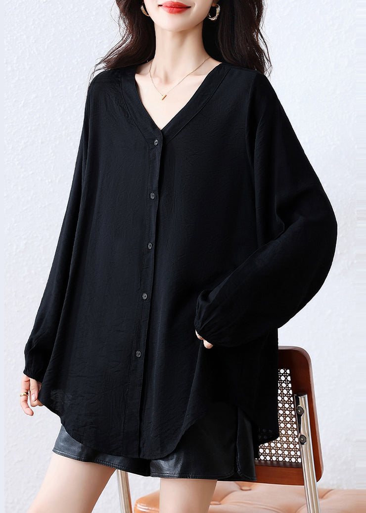 Casual Black Oversized Cotton Blouse Top Fall