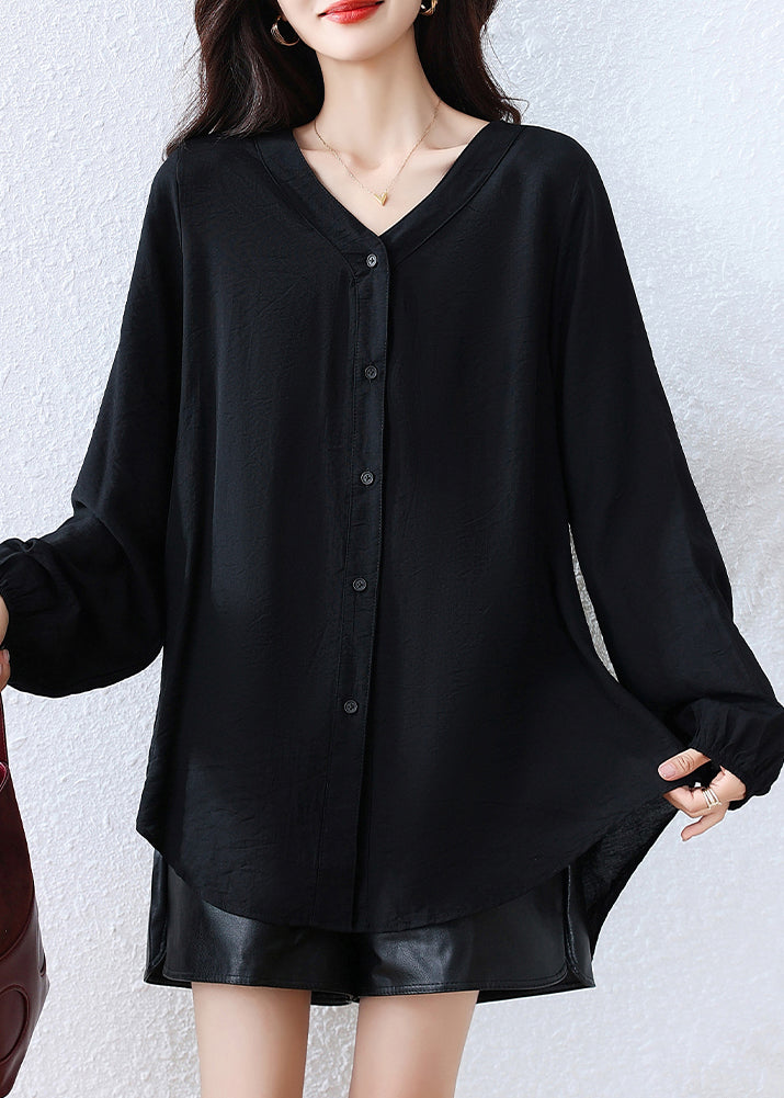 Casual Black Oversized Cotton Blouse Top Fall