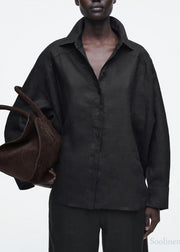 Casual Black Oversized Linen Shirts Fall