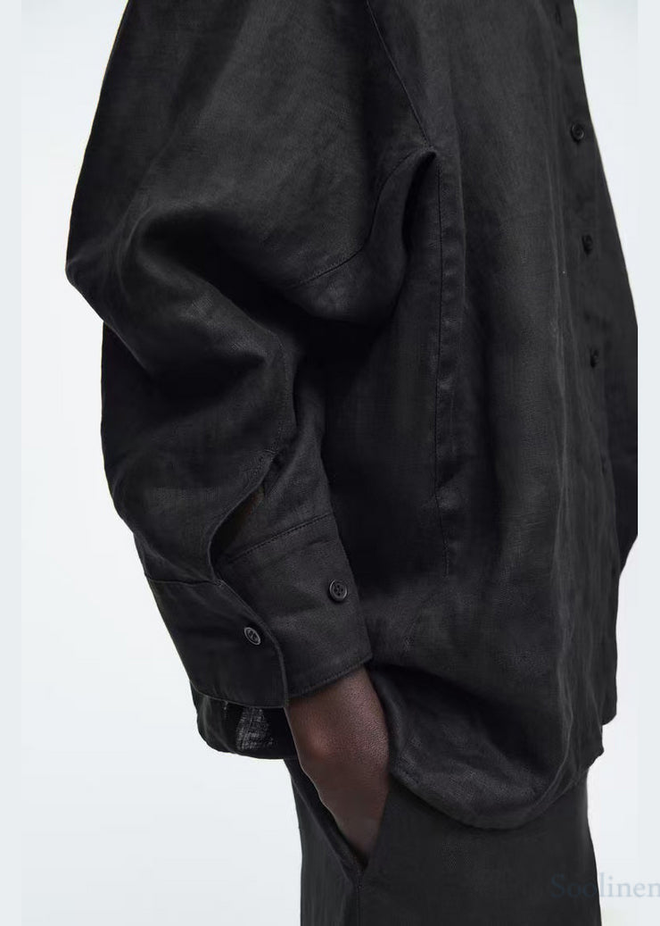 Casual Black Oversized Linen Shirts Fall