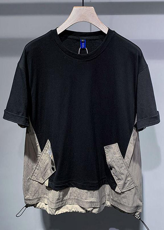 Casual Black Oversized Patchwork Drawstring Cotton Men T Shirt Summer