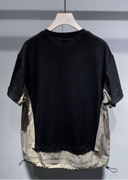 Casual Black Oversized Patchwork Drawstring Cotton Men T Shirt Summer