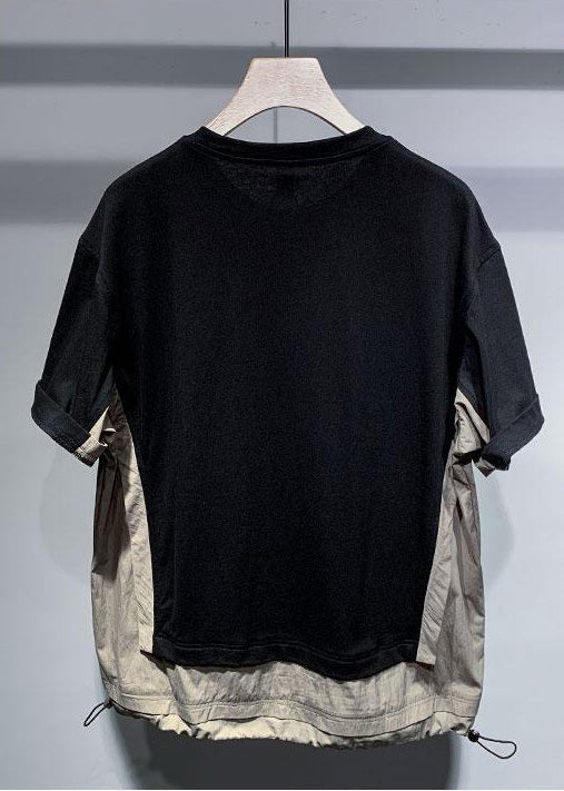 Casual Black Oversized Patchwork Drawstring Cotton Men T Shirt Summer
