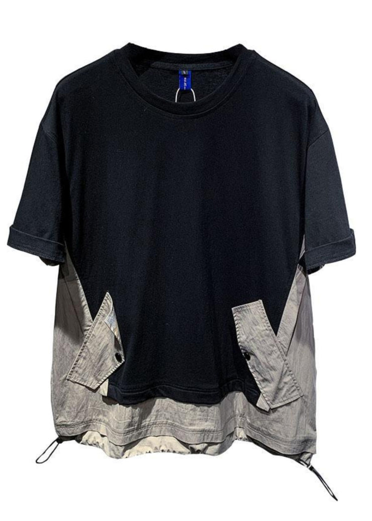 Casual Black Oversized Patchwork Drawstring Cotton Men T Shirt Summer