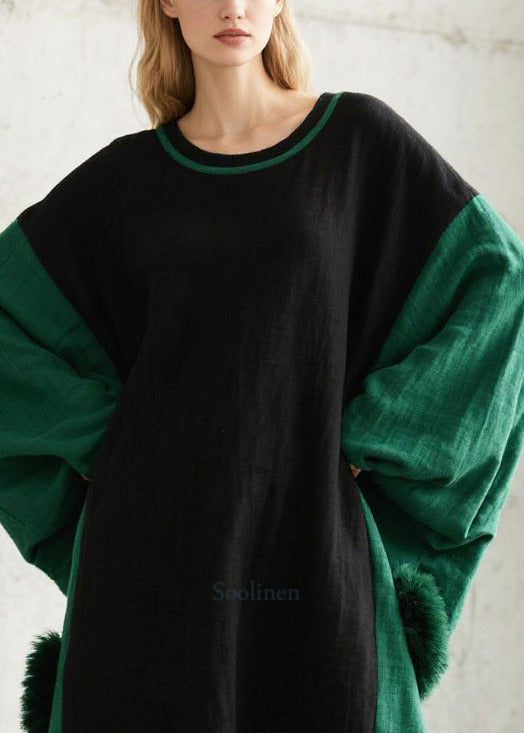 Casual Black Oversized Patchwork Fuzzy Ball Decorated Long Dress Batwing Sleeve