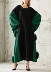 Casual Black Oversized Patchwork Fuzzy Ball Decorated Long Dress Batwing Sleeve