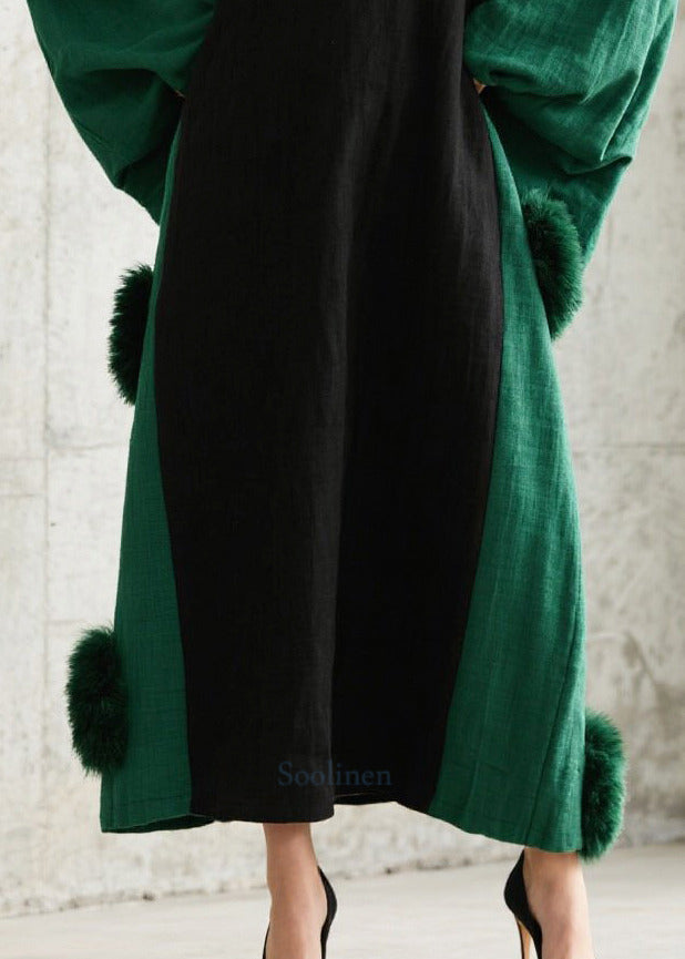 Casual Black Oversized Patchwork Fuzzy Ball Decorated Long Dress Batwing Sleeve