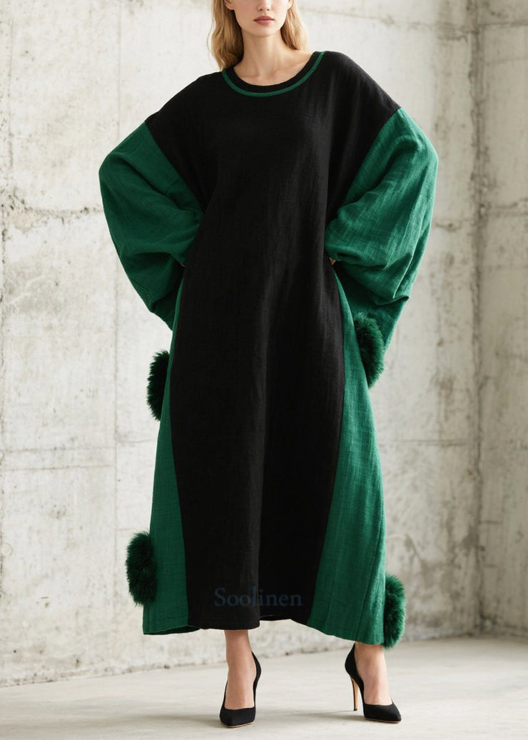 Casual Black Oversized Patchwork Fuzzy Ball Decorated Long Dress Batwing Sleeve