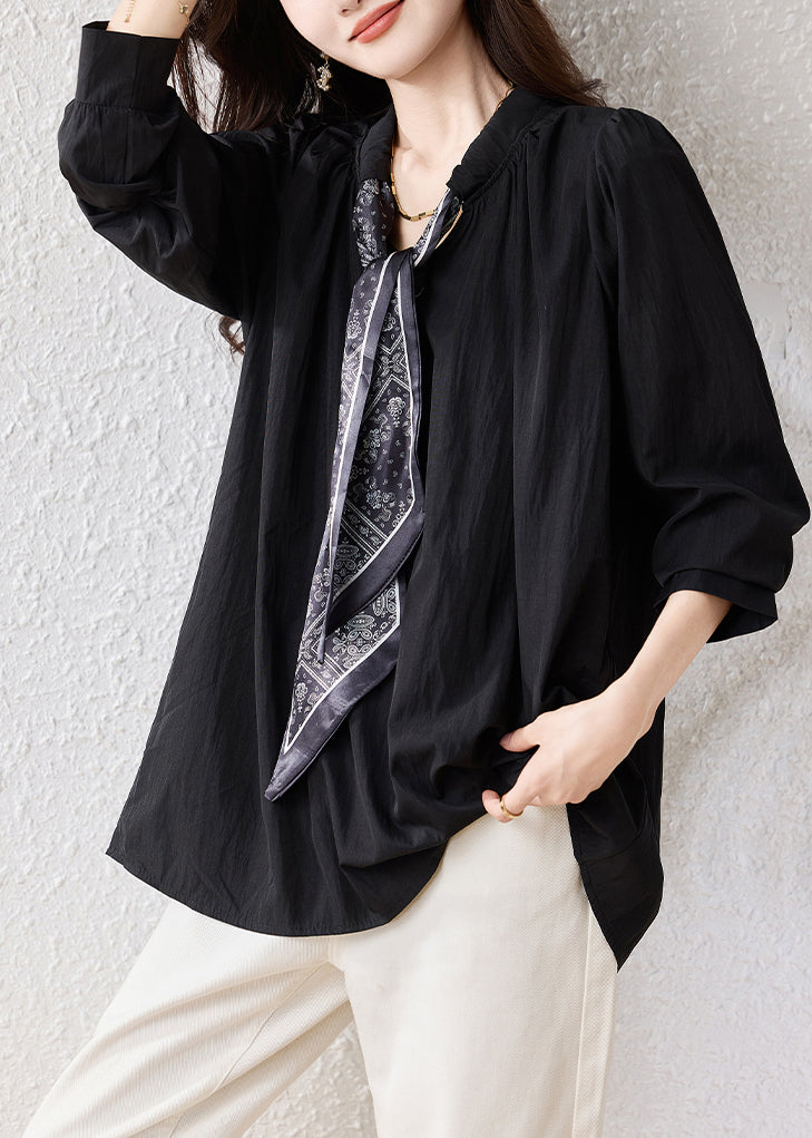Casual Black Oversized Scarf Cotton Blouse Top Fall