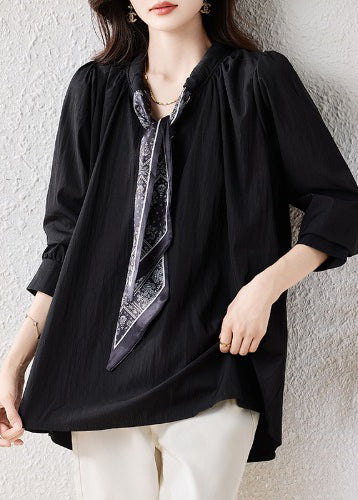 Casual Black Oversized Scarf Cotton Blouse Top Fall