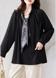 Casual Black Oversized Scarf Cotton Blouse Top Fall