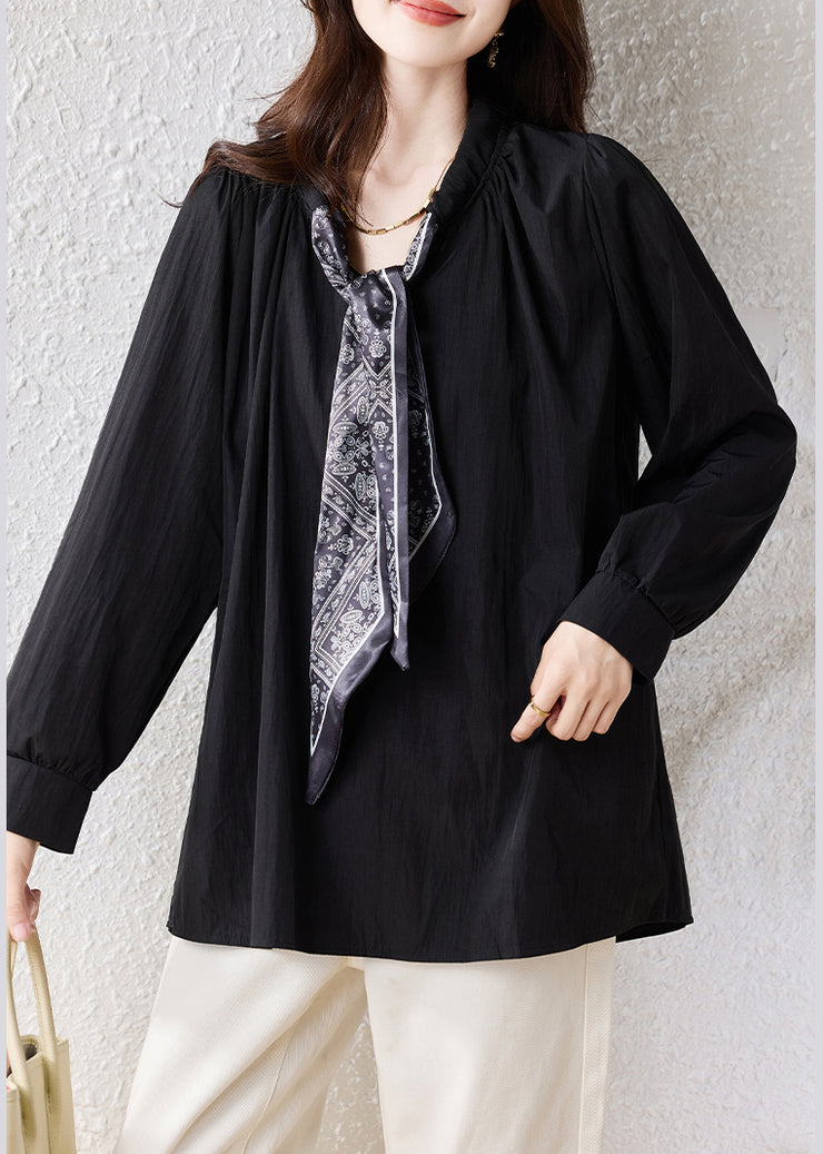 Casual Black Oversized Scarf Cotton Blouse Top Fall