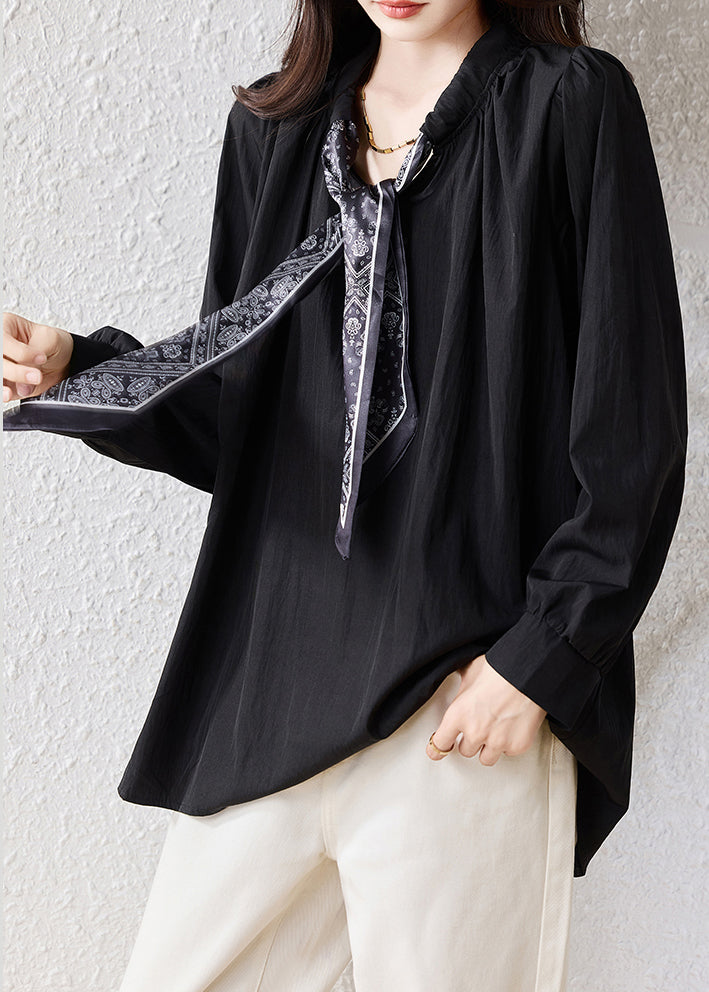 Casual Black Oversized Scarf Cotton Blouse Top Fall