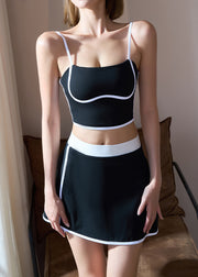 Casual Black Patchwork High Waist Sports Bra And Skirts Set Suit