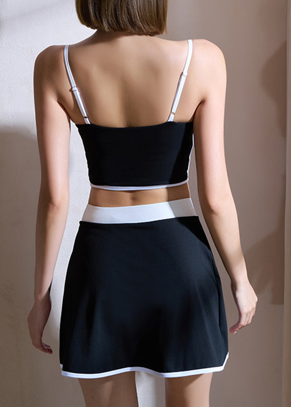 Casual Black Patchwork High Waist Sports Bra And Skirts Set Suit
