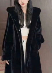 Casual Black Patchwork Mink Velvet Hooded Maxi Trench Coat Winter