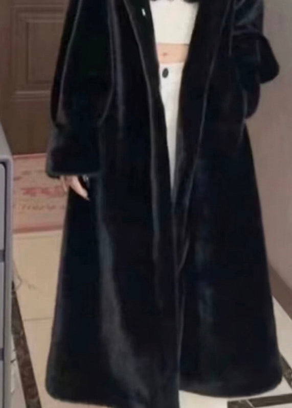 Casual Black Patchwork Mink Velvet Hooded Maxi Trench Coat Winter