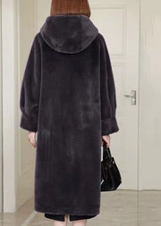 Casual Black Patchwork Mink Velvet Hooded Maxi Trench Coat Winter