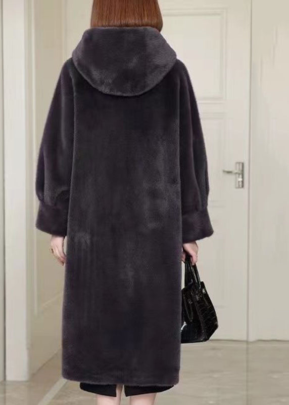Casual Black Patchwork Mink Velvet Hooded Maxi Trench Coat Winter