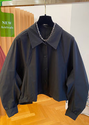Casual Black Peter Pan Collar Button Cotton Shirts Fall