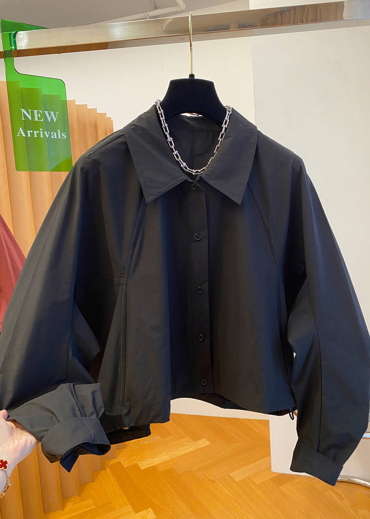 Casual Black Peter Pan Collar Button Cotton Shirts Fall