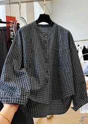 Casual Black Plaid Stand Collar Pockets Cotton Shirt Top Fall